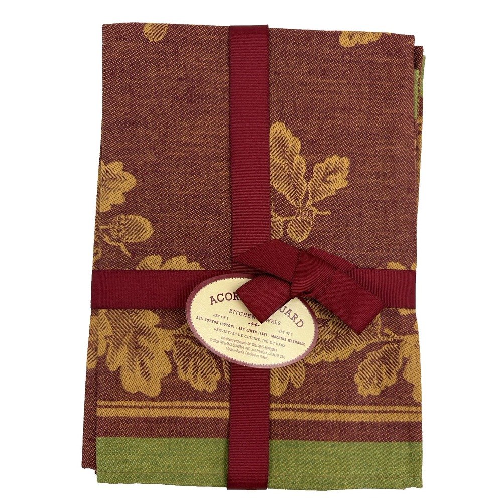 Williams Sonoma Acorn Jacquard Kitchen Towels Cotton & Linen Set of 2 NEW